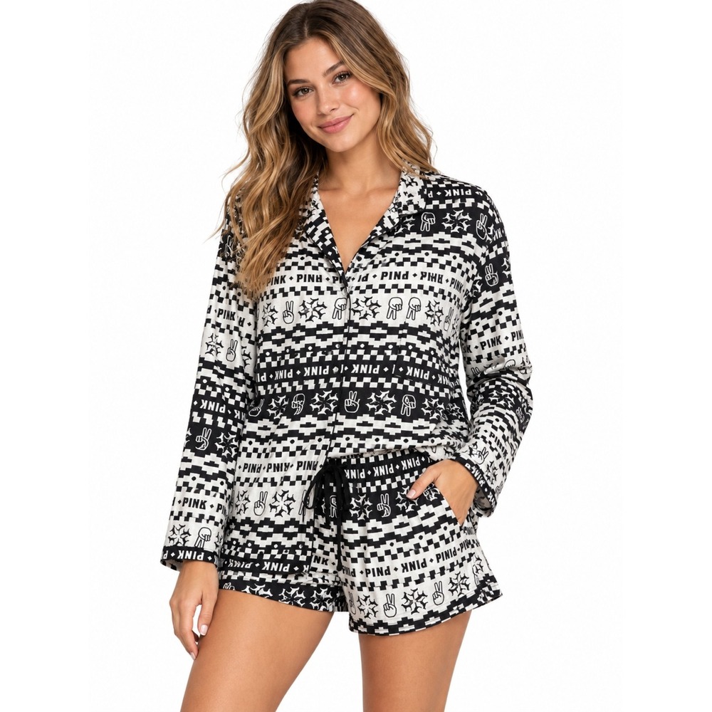 Pink Victoria's Secret Peace Sign Checkered Pajama Set XXL Black White PJ Set